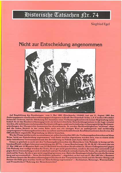 Historische Tatsachen Nr. 74 - Nicht zur Entscheidung angenommen