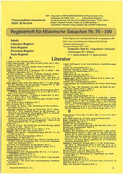 Historische Tatsachen Nr. 100a - REGISTERHEFT für die Historische Tatsachen Nr.  76 - 100