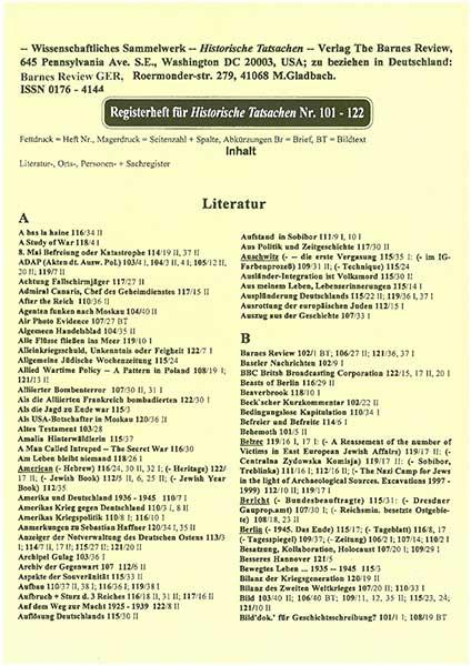 Historische Tatsachen Nr. 122a - REGISTERHEFT für die Historische Tatsachen Nr.  101 - 122